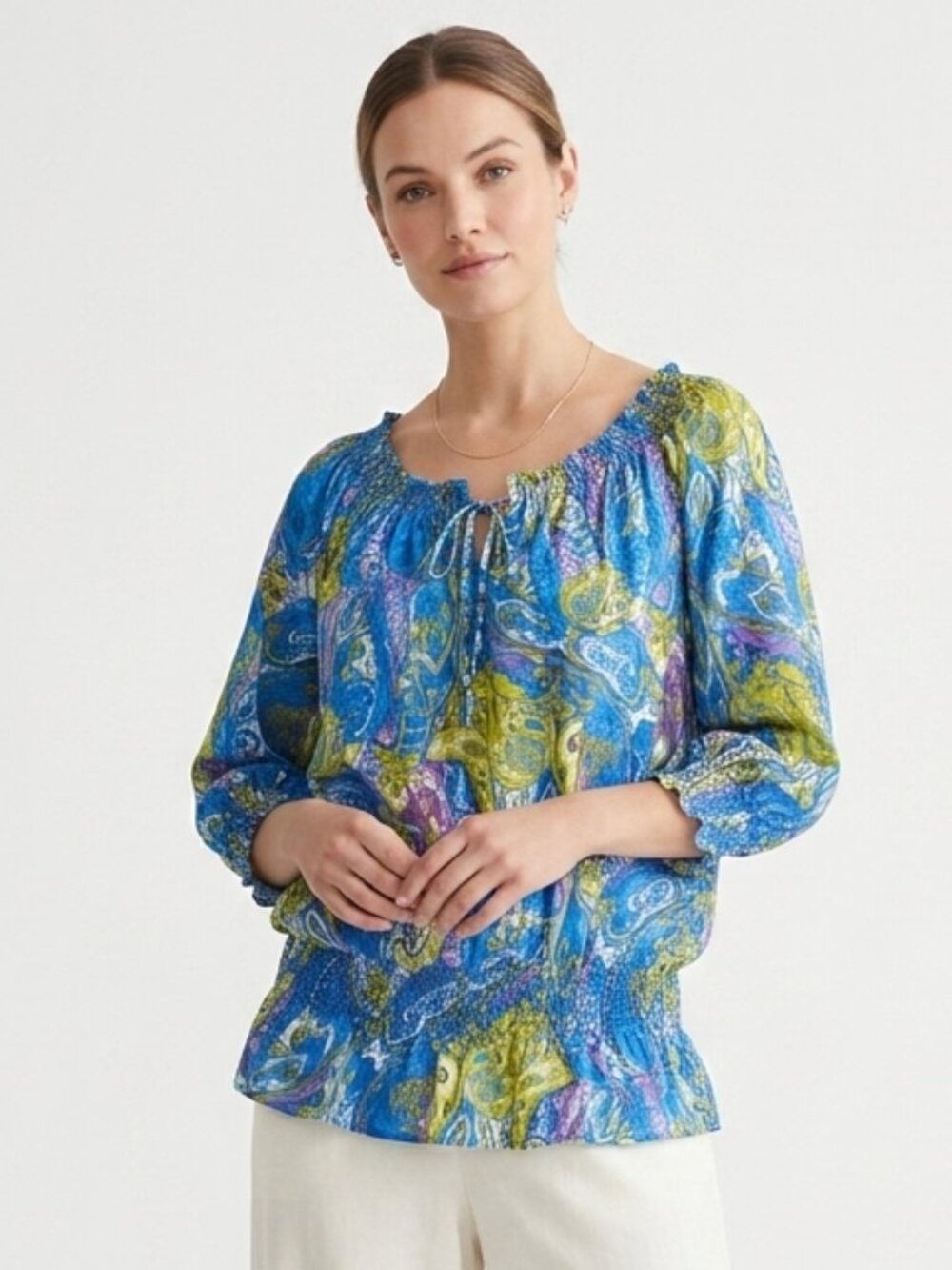 Jones New York Blouse Blue Boho Smocked Festival Floral Paisley XL